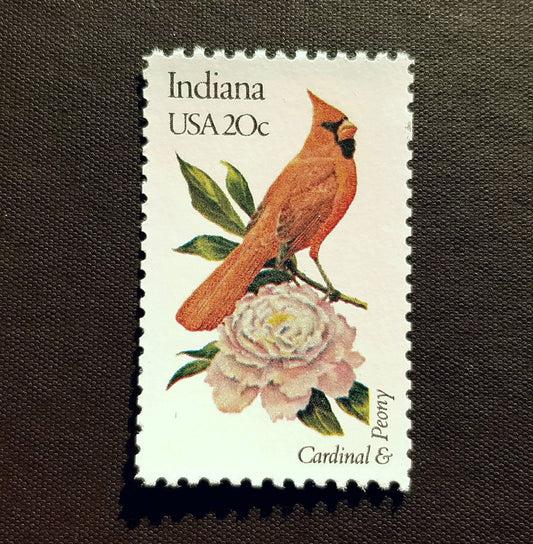 Five (5) vintage unused postage stamps - Indiana state bird and flower // 20 cent stamps // Face value 1.00