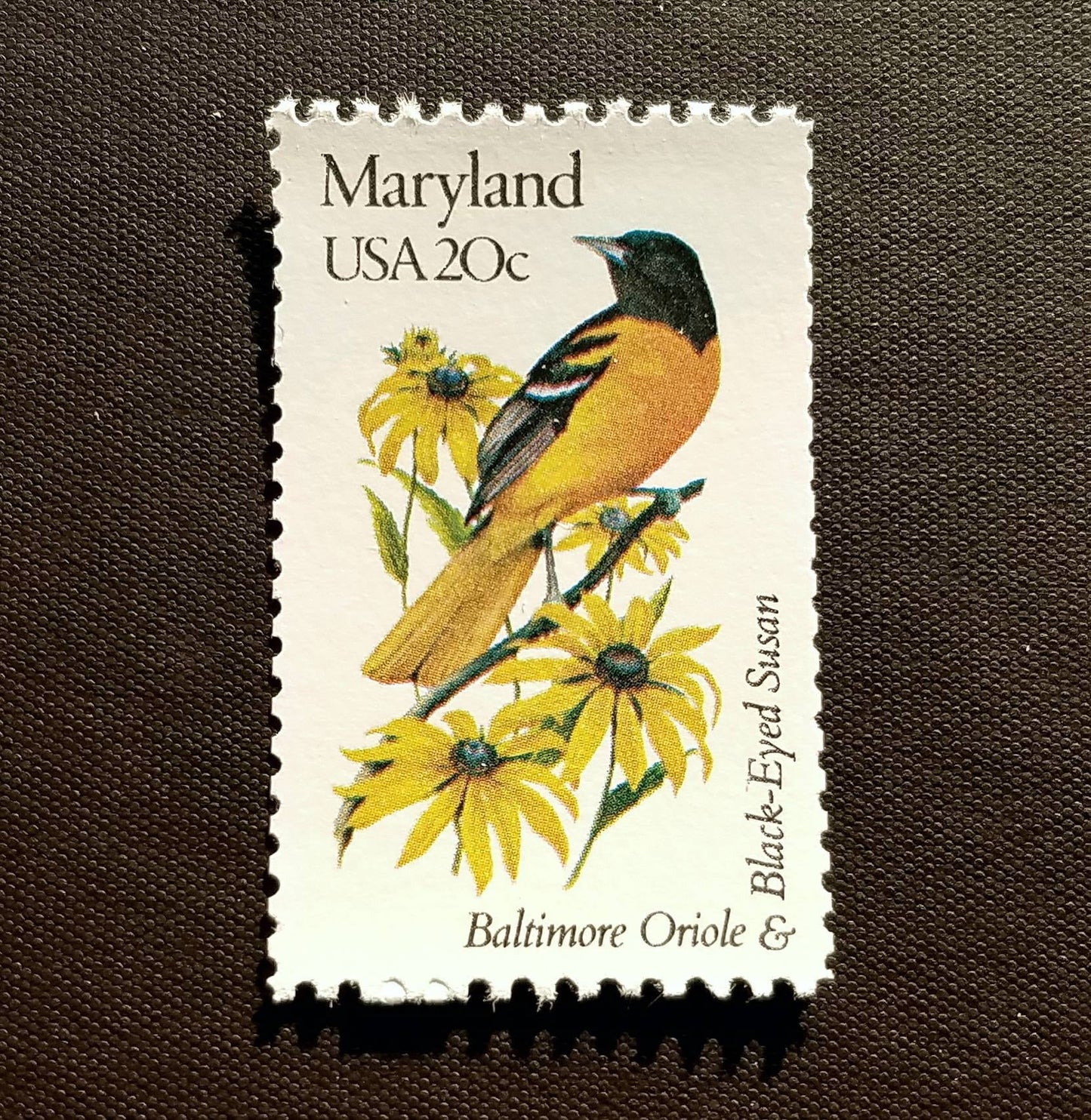 Five (5) vintage unused postage stamps - Maryland state bird and flower // 20 cent stamps // Face value 1.00