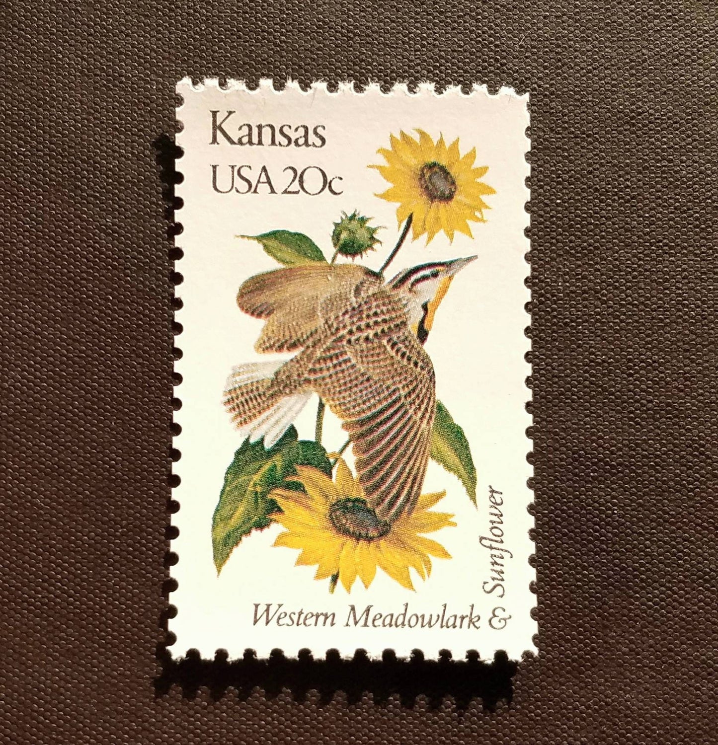 Five (5) vintage unused postage stamps - Kansas state bird and flower // 20 cent stamps // Face value 1.00