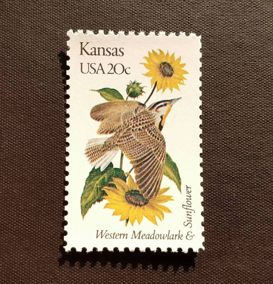 Five (5) vintage unused postage stamps - Kansas state bird and flower // 20 cent stamps // Face value 1.00
