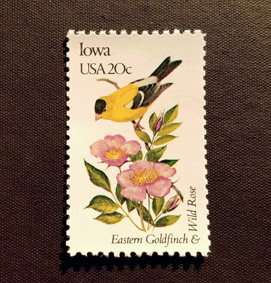 Five (5) vintage unused postage stamps - Iowa state bird and flower // 20 cent stamps // Face value 1.00