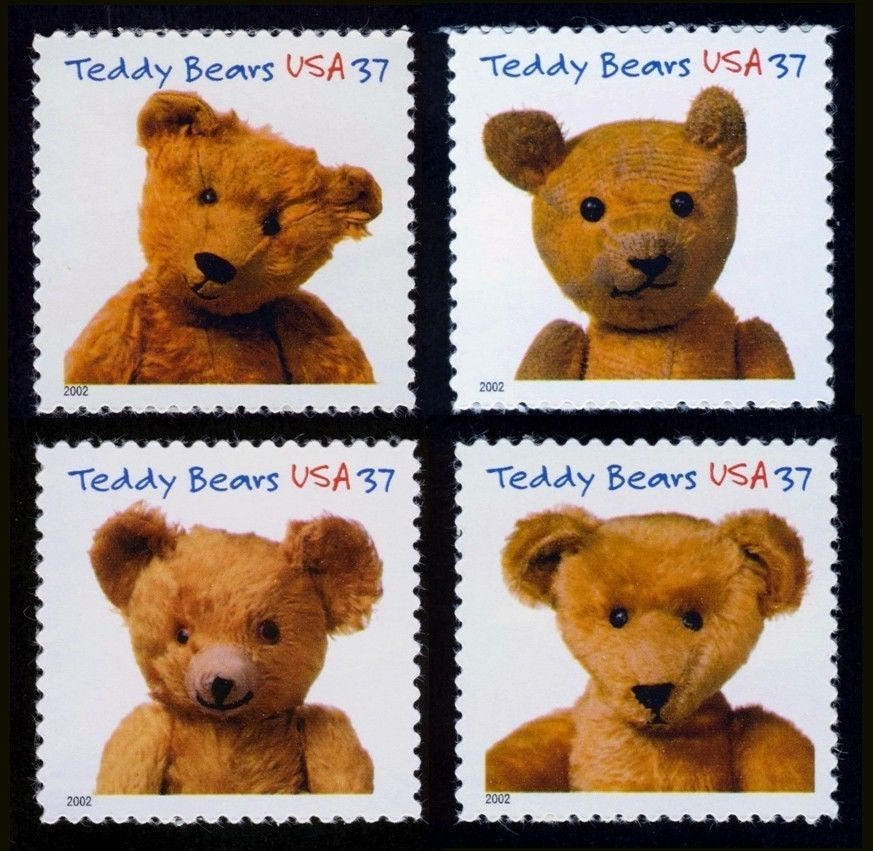 Four (4) unused postage stamps - Teddy Bears // 37 cent stamps // Face value 1.48