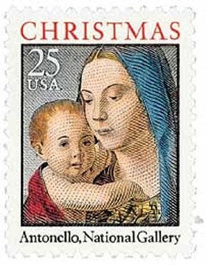 Five (5) vintage unused postage stamps - Madonna and Child // 25 cent stamps // Face value 1.25