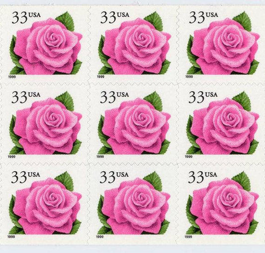 Ten (10) unused postage stamps - Pink rose // 33 cent stamps // Face value 3.30