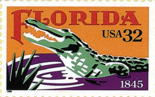 Five (5) vintage unused postage stamps - Florida with an Alligator // 32 cent stamps // Face value 1.60