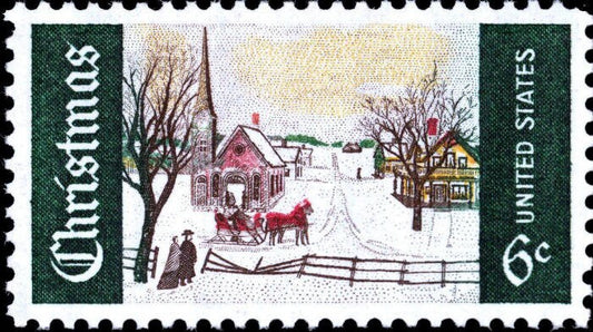 Five (5) vintage unused Christmas postage stamps - Christmas landscape, winter scene // 6 cent stamps // Face value 0.30