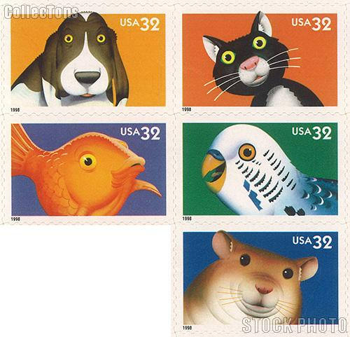 Five (5) unused postage stamps - Bright eyes: cat, dog, parakeet, goldfish, hamster // 32 cent stamps // Face 1.60