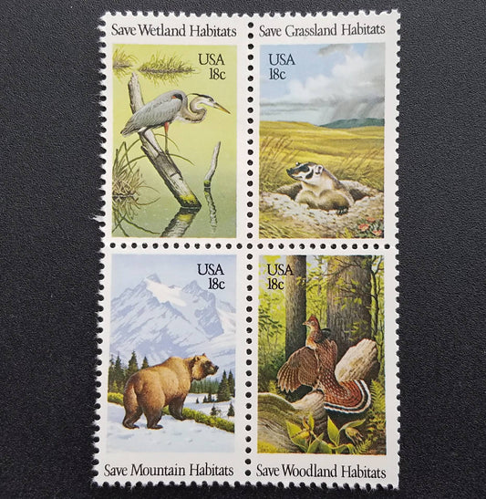 Four (4) vintage unused postage stamps - Save Habitats // 18 cent stamps // Face value 0.72 dollars