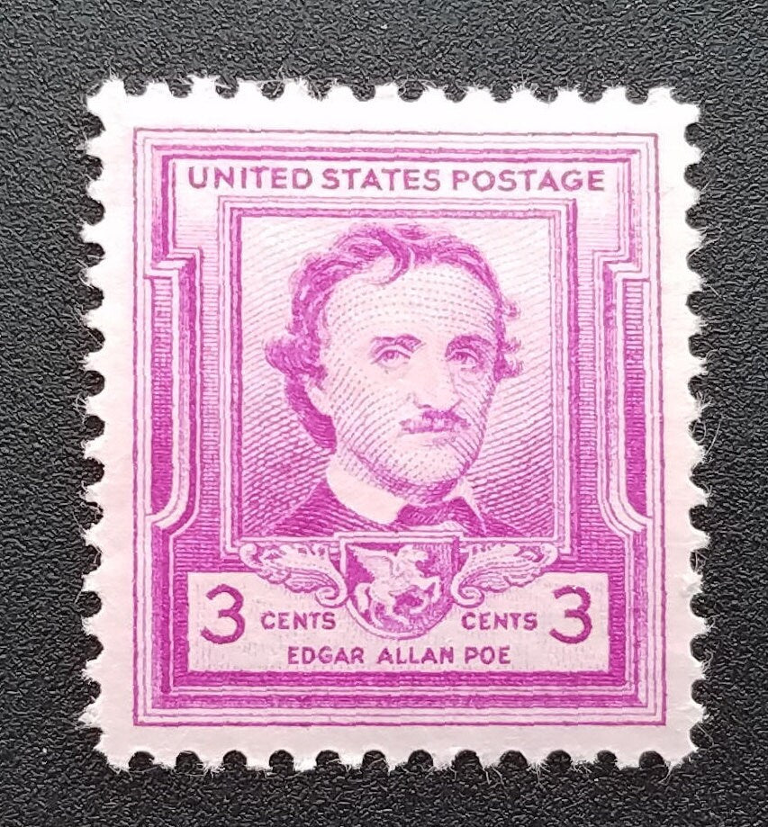 Five (5) vintage unused postage stamps - Edgar Allan Poe // 3 cents stamps // Face value 0.15