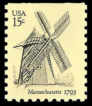 One (1) vintage unused postage stamp - Windmills: Massachusetts, 1793 // 15 cent stamps