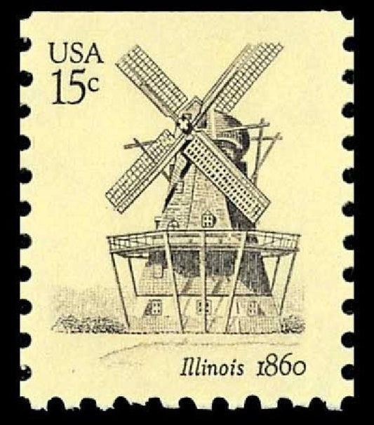 One (1) vintage unused postage stamp - Windmills: Illinois, 1860 // 15 cent stamps
