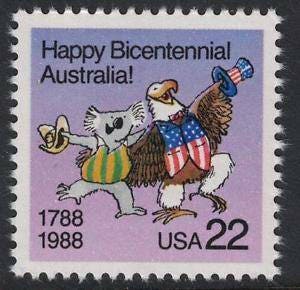 Ten (10) unused USPS postage stamps - Australian Bicentennial // 22 cent stamps // face value 2.20