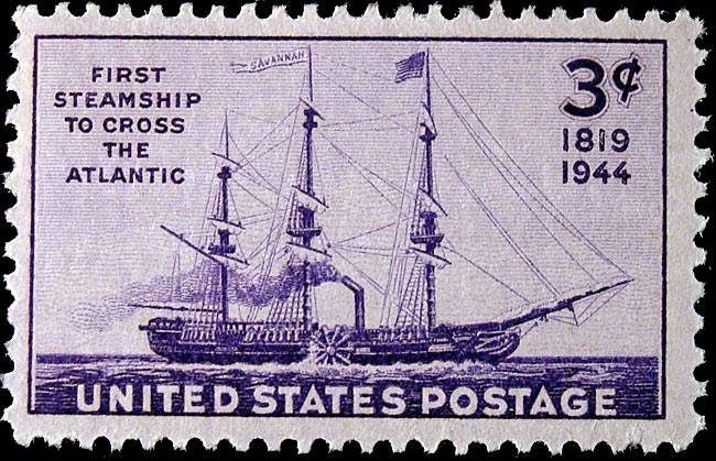 Five (5) vintage unused postage stamps - First steamship to cross the Atlantic // 3 cent stamps