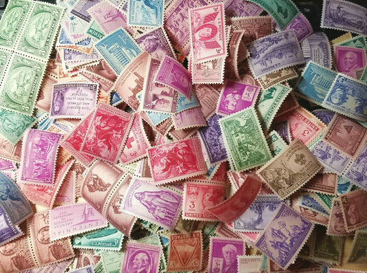 Fifty (50) vintage unused 3-cent 1940s-1950s postage stamps. All different. Face value = 1.50 dollars.