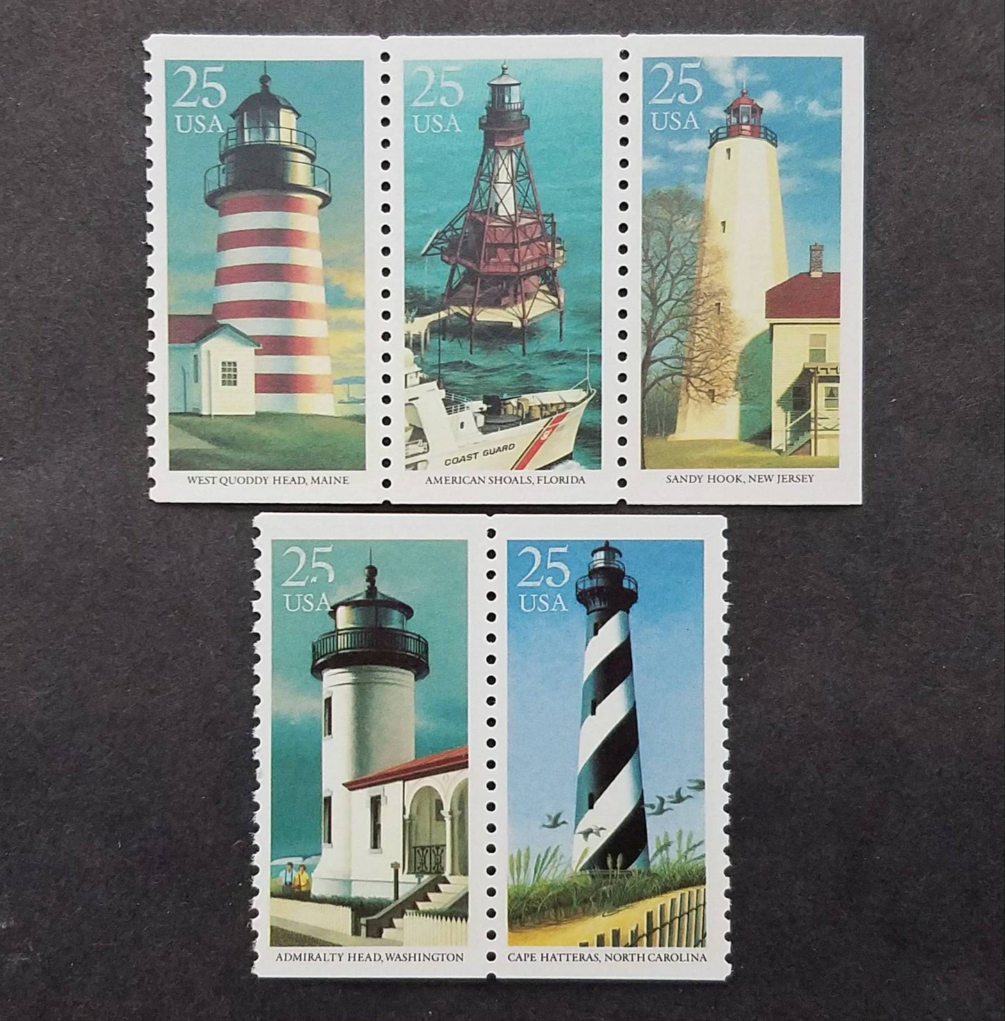 Five (5) vintage unused postage stamps - Lighthouses // 25 cents // Face value 1.25