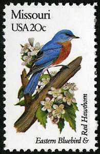 Five (5) vintage unused postage stamps - Missouri state bird and flower // 20 cent stamps // Face value 1.00