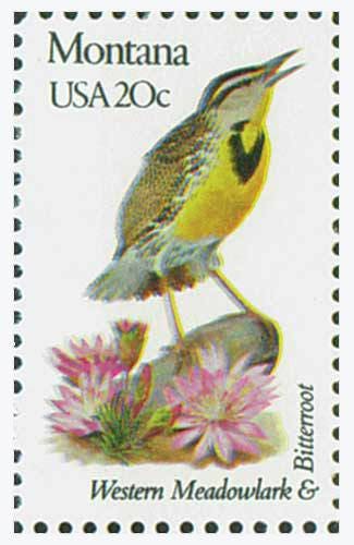 Five (5) vintage unused postage stamps - Montana state bird and flower // 20 cent stamps // Face value 1.00