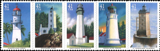 Five (5) unused postage stamps - Lighthouses of the Pacific // 41 cents // Face value 2.05