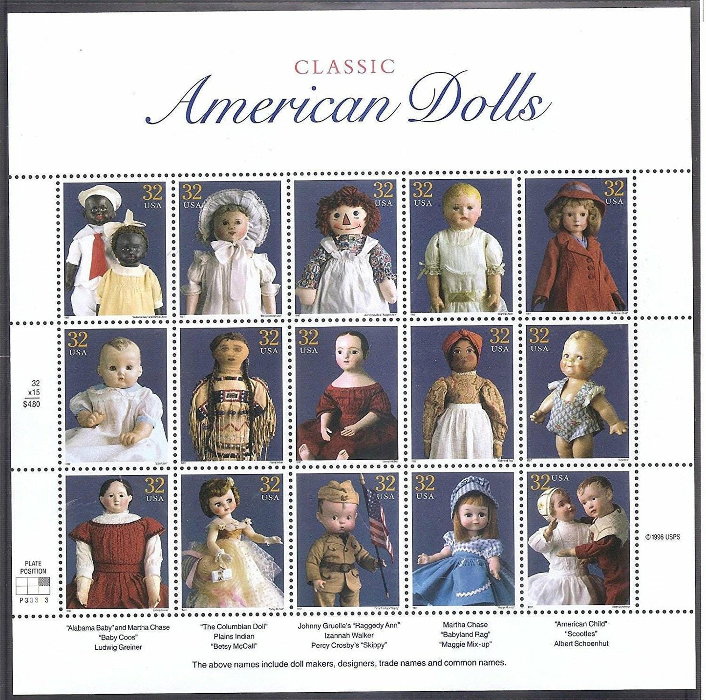 Fifteen (15) vintage unused postage stamps - Classic American Dolls (15 designs) // 32 cent stamps // Face value 4.80