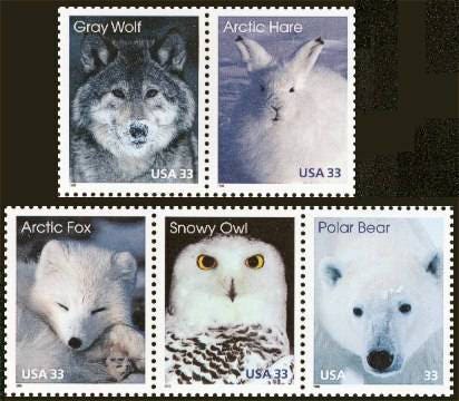 Five (5) unused postage stamps - Arctic animals // 33 cent stamps // Face value 1.65