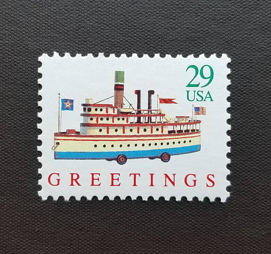 Five (5) unused vintage Christmas stamps - Antique Christmas toy boat // 29 cent stamps // Face value 1.45