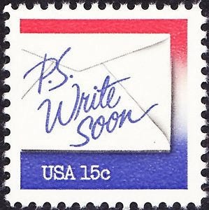 Five (5) unused postage stamps - P.S. Write soon (blue & red) // 15 cent stamps // face value 0.75