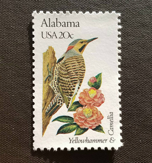 Five (5) vintage unused postage stamps -  Alabama state bird and flower // 20 cent stamps // Face value 1.00