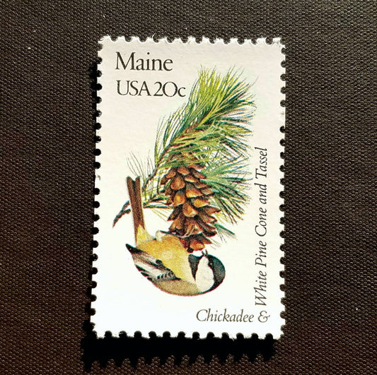 Five (5) vintage unused postage stamps - Maine state bird and flower // 20 cent stamps // Face value 1.00