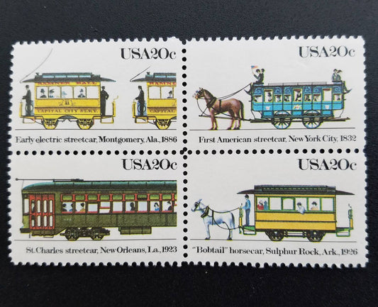 Four (4) vintage unused postage stamps - American streetcars // 20 cent stamps // Face value 0.80