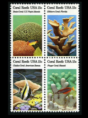 Four (4) vintage unused postage stamps - Coral reefs // 15 cent stamps // Face value 0.60