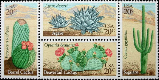 Four (4) vintage unused postage stamps - Desert plants, Cactus / cacti // cactuses // 20 cent stamps // Face value 0.80