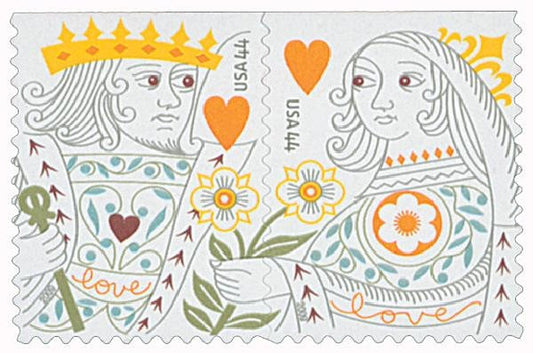 Two (2) unused love postage stamps - King & Queen of Hearts // 44 cent stamps // Face value 0.88