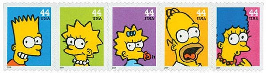 Five (5) vintage unused postage stamps - The Simpsons // 44 cent stamps // Face value 2.20