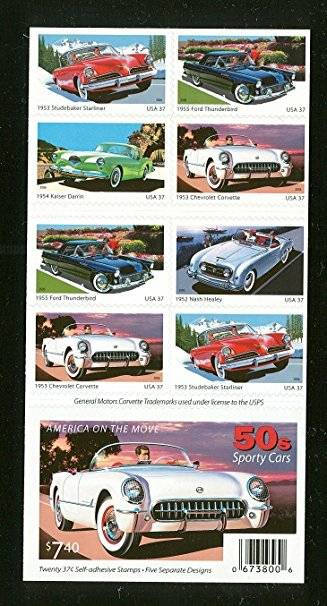 Five (5) unused postage stamps - 50s Sporty Cars // 37 cent stamps // Face value 1.85