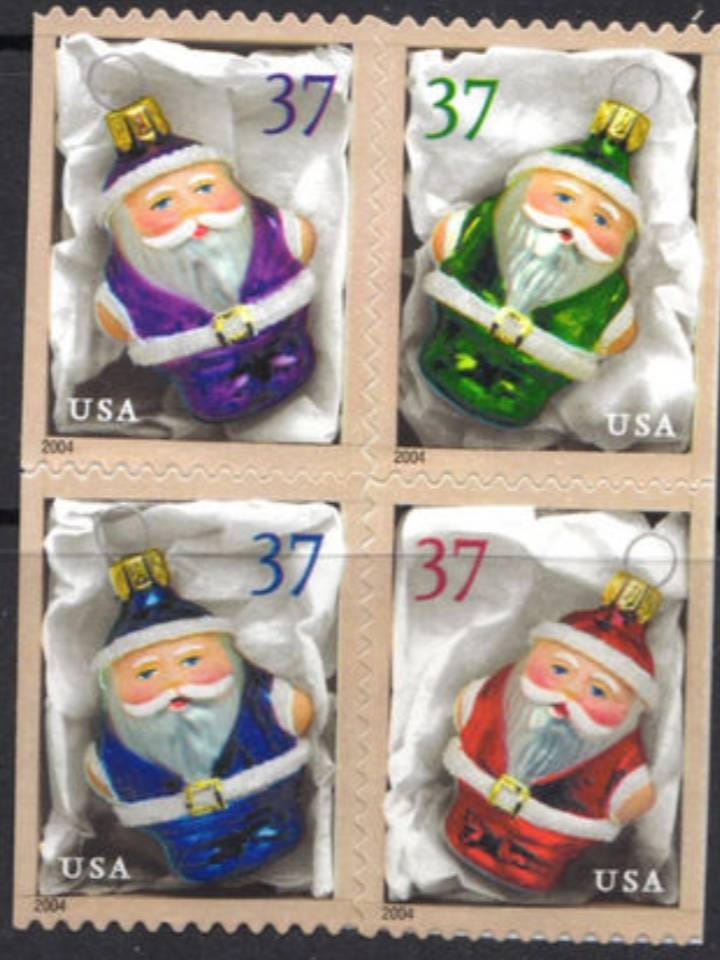 Four (4) Christmas postage stamps - Santa Claus tree ornaments // 37 cent stamps // face value 1.48