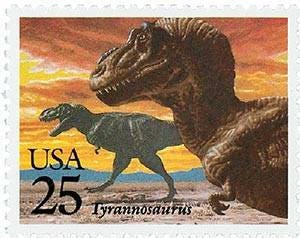 Five (5) vintage postage stamps - Dinosaurs - Tyrannosaurus // 25 cent stamps // Face value 1.25 dollars