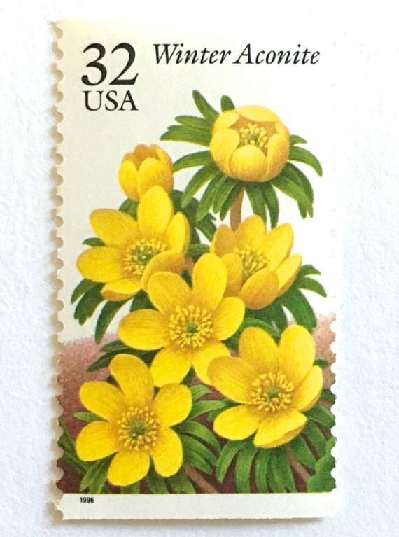 Five (5) vintage unused postage stamps - Winter garden flowers: winter aconite // 32 cent stamps // Face value 1.60