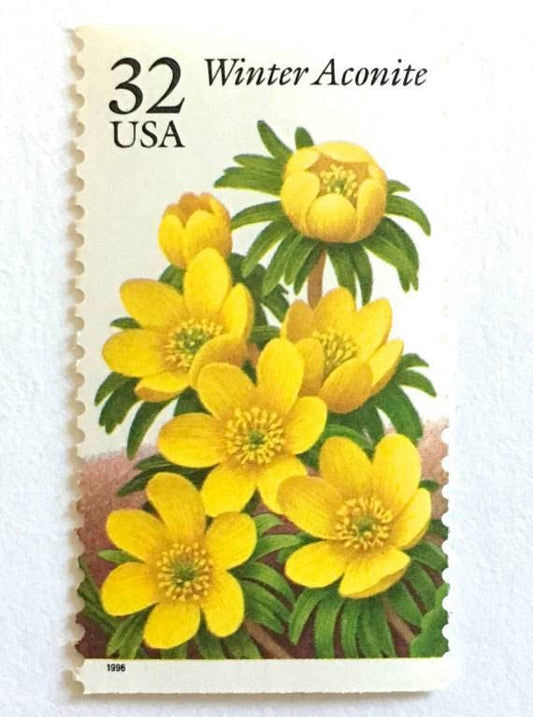 Five (5) vintage unused postage stamps - Winter garden flowers: winter aconite // 32 cent stamps // Face value 1.60