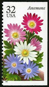 Five (5) vintage unused postage stamps - Anemone, winter garden flowers // 32 cent stamps // Face value 1.60