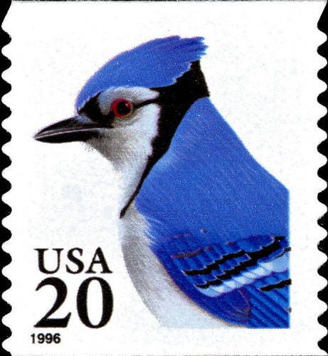 Five (5) vintage unused postage stamps - Blue Jay bird // 20 cent stamps // Face value 1.00