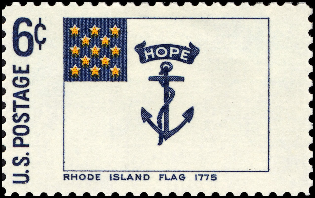 Five (5) vintage unused postage stamps - Rhode Island flag, 1775 // 6 cent stamps // Face value 0.30