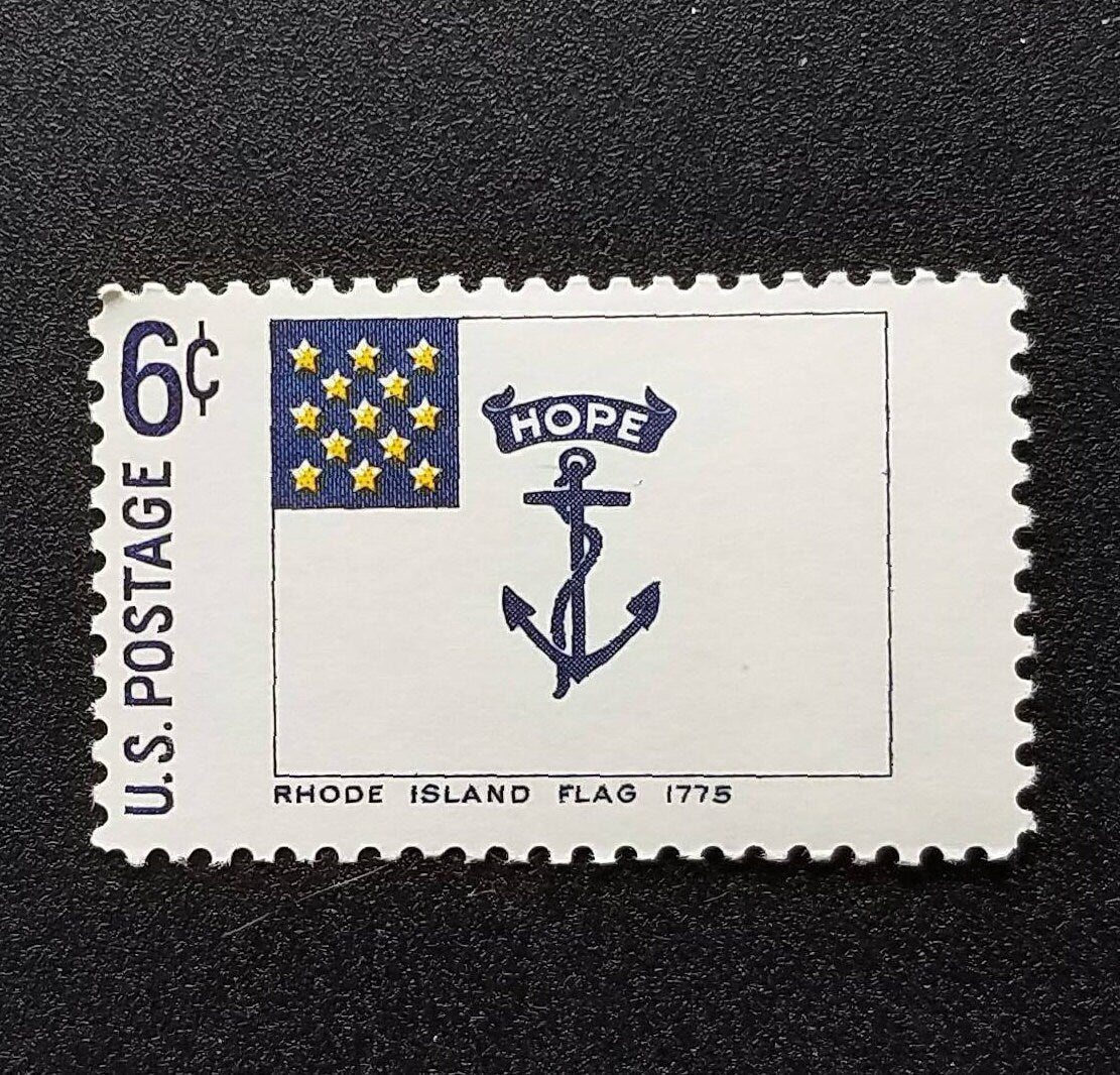 Five (5) vintage unused postage stamps - Rhode Island flag, 1775 // 6 cent stamps // Face value 0.30