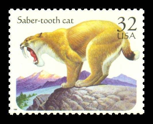 Five (5) vintage unused postage stamps - Prehistoric animals - Saber-tooth cat // 32 cent stamps // Face 1.60