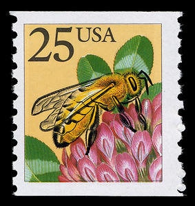 Five (5) vintage unused postage stamps - Honey bee on a clover // 25 cent stamps // Face value 1.25