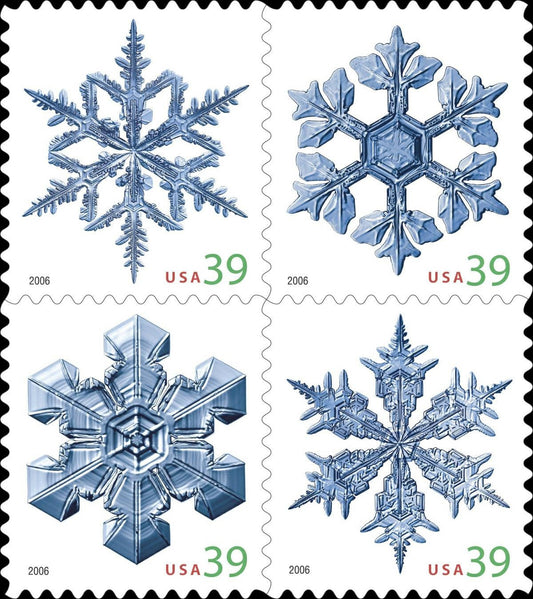 Four (4) unused postage stamps - Snowflake // 39 cent stamps // Face value 1.56