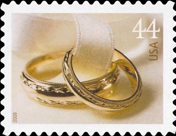 Five (5) vintage unused postage stamps - Wedding rings // 44 cent stamps // Face value 2.20