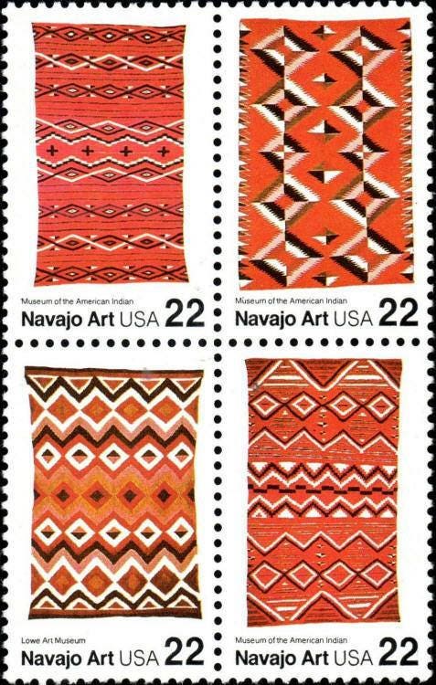 Four (4) vintage unused postage stamps - Navajo art // 22 cent stamps // Face value 0.88