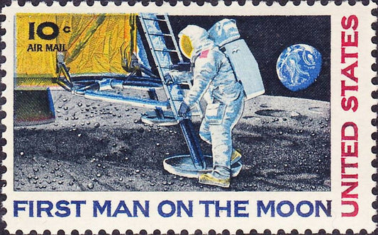 Five (5) vintage unused postage stamps - First Man on the Moon // 10 cent stamps // Face value 0.50