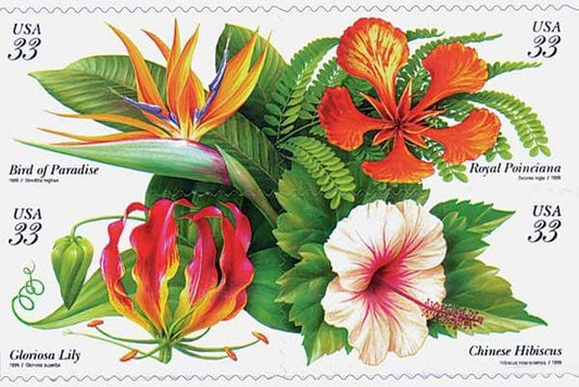 Four 4 Tropical flowers 33c stamps // unused postage stamps 33 cent stamps // Face value 1.32