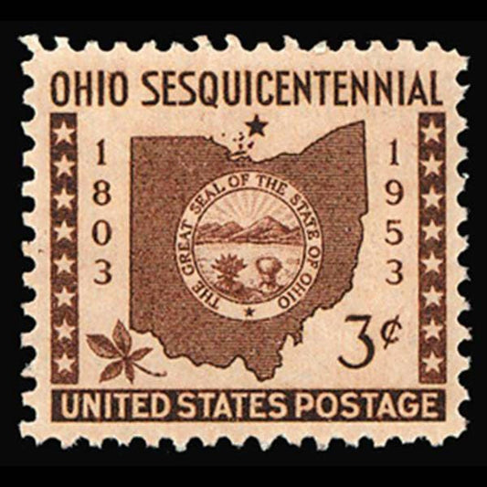 Five (5) vintage unused postage stamps - Ohio sesquicentennial // 3 cent stamps // Face value 0.15